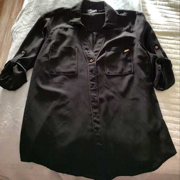Black lightweight button down blouse with gold hardware. - Picture 1 of 5